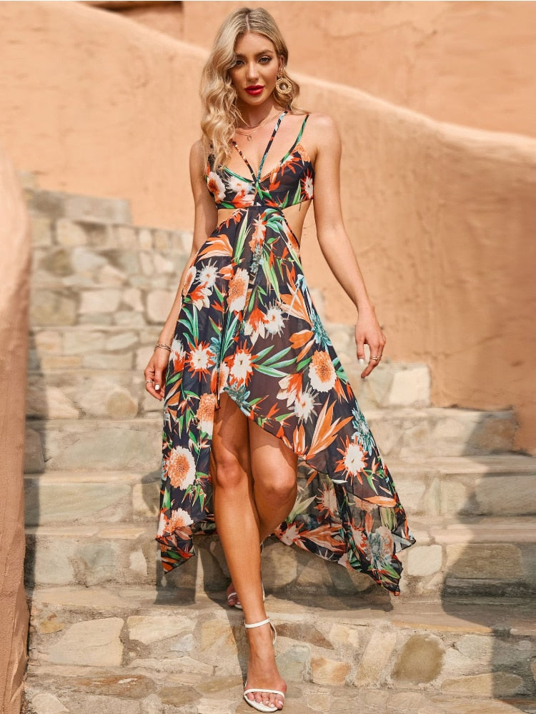 2022 Summer Suspender V-neck Dress Fashion Backless Print Mid-waist Dress Bohemian Wind Holiday Beach Dress Dresses for Women