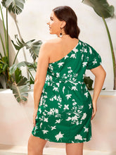 Load image into Gallery viewer, New Plus Size Floral Print One Shoulder Puff Sleeve Dress Summer Vintage Elegant High Waist Green Print Flower Dress