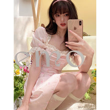Load image into Gallery viewer, Women Pink Dress French Printing Lace Edge Puff Short Sleeve Casual Fashion Vintage High Waist Baggy Short Skirt Ladies Summer