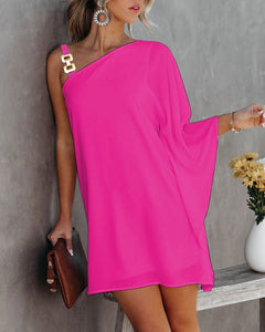 Summer Women Fashion Casual Loose Dresses Plus Size Solid Color One Shoulder Elegant Chain Strap Asymmetrical Neck Casual Dress