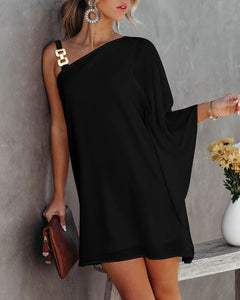 Summer Women Fashion Casual Loose Dresses Plus Size Solid Color One Shoulder Elegant Chain Strap Asymmetrical Neck Casual Dress