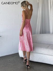 Stain Dot Print Sleeveless Backless Slit Slip Long Midi Prom Dress Sexy Slim 2022 Summer Women Elegant Birthday Party Outfit New