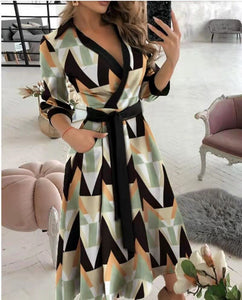 GODDESS spring and summer fashion new women's V-neck wave print long-sleeved loose and comfortable bright shirt dress