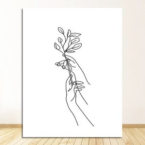 Black White Canvas Painting Wall Art Line Drawing Girl Home Decor Minimalist Simple Fashion Poster Women Flower Leaf Body Sketch