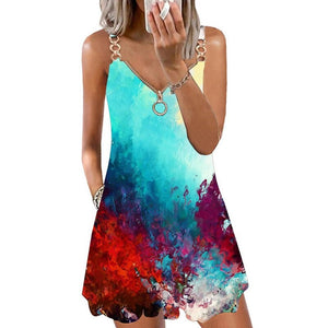 Fashion Print Zipper Party Vest Dress Women New Sexy Summer Casual Backless V Neck Elegant Oversize Loose Sleeveless Sling Dress