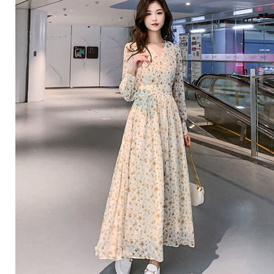 Korean Beach Style Retro Long Women Party Print Chiffon Chic Flower Vintage Dress Ankle-Length High Dress Slim Dresses Clothing