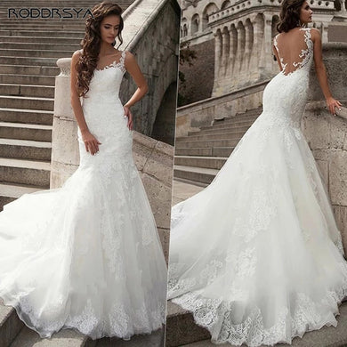 Vintage Square Collar Mermaid Wedding Dress For Women Lace Appliques Court Train Bridal Gowns Illusion Backless Robe De Mariée