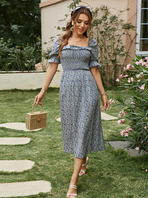Summer Fashion Elegant Bubble Sleeve High Waist Dress Commuter Pastoral Temperament Dress A-LINE Office Lady Dress for Women
