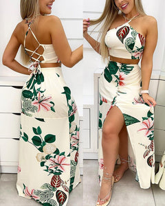 Women's Summer Spring Halterneck Printed Short Top Skirt Suit Clothes Set Sleeveless Floral Sexy Fashion Casual Skirt