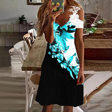 Load image into Gallery viewer, Women Summer Printed Street Holiday Mid Dress Lady Office V-Neck Off Shoulder Sexy A Line Dress Slim Fashion Short Sleeve Dress