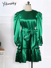 Load image into Gallery viewer, Women Loose Dresses With Bowtiw Scarf O Neck Long Lantern Sleeves Ruffles Pleated African Large Size Lady Female Vestidos Robes
