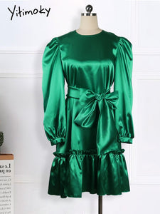 Women Loose Dresses With Bowtiw Scarf O Neck Long Lantern Sleeves Ruffles Pleated African Large Size Lady Female Vestidos Robes