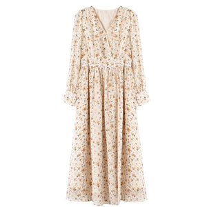 Korean Beach Style Retro Long Women Party Print Chiffon Chic Flower Vintage Dress Ankle-Length High Dress Slim Dresses Clothing