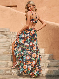 2022 Summer Suspender V-neck Dress Fashion Backless Print Mid-waist Dress Bohemian Wind Holiday Beach Dress Dresses for Women