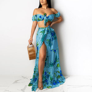 Tropical Printed Dress Suits Tie Front Tube Top Slit Maxi Skirt