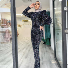 Load image into Gallery viewer, Vinca Sunny Dubai Muslim High Neck Mermaid Evening Dress Long Puff Sleeves Velvet Sequin Formal Party Night Wedding Prom Gowns 1