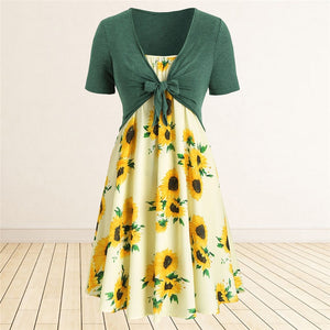 Women Sunflower Print Dress Summer Knotted Short Sleeve Tunic Tops A Line Midi Dress Female Fashion Beach Party Two Pieces Dress