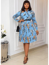 Load image into Gallery viewer, Women Printed Pleated Dress Long Sleeves with Bowtie Floral Knee Length Elegant Office Ladies Classy Fashion African Female New
