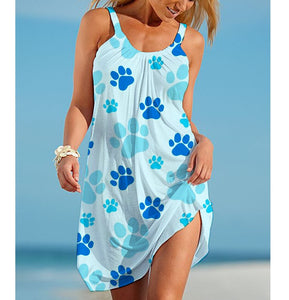 Hot animal footprints Printed Dress wide side suspender low round neck A-line skirt slim  women's clothing fashion beach skirt