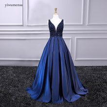 Load image into Gallery viewer, Sexy V Neck Lace Long Prom Dresses 2018 Satin Beaded crystals Princess A line Vintage Evening Gowns Vestido De Festa Prom dress