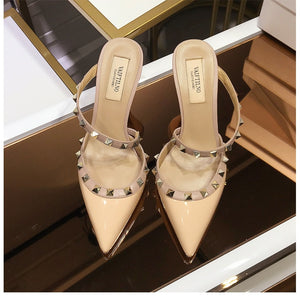 Real Leather Star Style Luxury Brand Rivet Women High Heel Summer Sandals Thin Heel Lady Wedding Shoes Pointed Toe Fashion Pumps