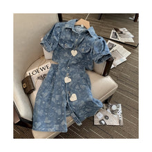 Load image into Gallery viewer, 2022 Women Denim Dress Sexy Waist Hollow Out Female Dresses Summer Party Chic Polo Neck Heart Decorate Puff Sleeve Dress Ladies