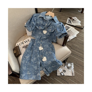 2022 Women Denim Dress Sexy Waist Hollow Out Female Dresses Summer Party Chic Polo Neck Heart Decorate Puff Sleeve Dress Ladies