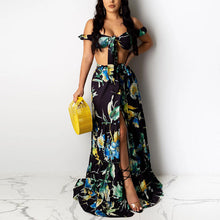 Load image into Gallery viewer, Tropical Printed Dress Suits Tie Front Tube Top Slit Maxi Skirt