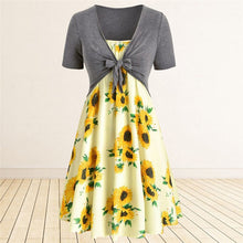 Load image into Gallery viewer, Women Sunflower Print Dress Summer Knotted Short Sleeve Tunic Tops A Line Midi Dress Female Fashion Beach Party Two Pieces Dress