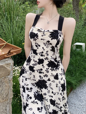 Summer Women Elegant Vintage Spaghetti Strap Midi Dress Fashion One Piece Lady Holiday Party Robe Vestidos