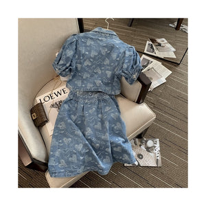 2022 Women Denim Dress Sexy Waist Hollow Out Female Dresses Summer Party Chic Polo Neck Heart Decorate Puff Sleeve Dress Ladies