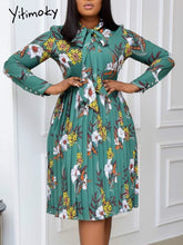 Load image into Gallery viewer, Women Printed Pleated Dress Long Sleeves with Bowtie Floral Knee Length Elegant Office Ladies Classy Fashion African Female New