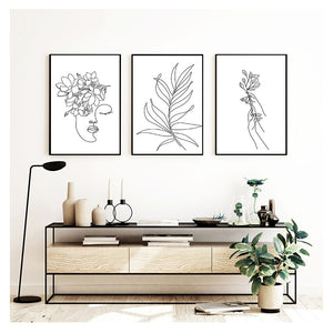 Black White Canvas Painting Wall Art Line Drawing Girl Home Decor Minimalist Simple Fashion Poster Women Flower Leaf Body Sketch