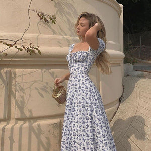 Summer Fashion Female Printed Floral short Sleeve Vintage A-line Midi Dress Chiffon Dress Women Casual Dresses