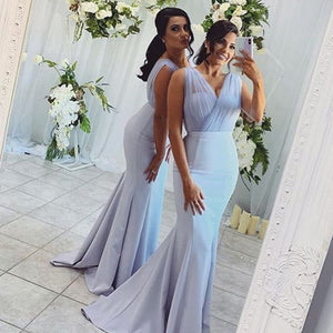 Light Blue Mermaid Bridesmaid Dress V-Neck 2022 Sexy Sleeveless Maid Of Honor Dress Pleats Backless For Women Robe De Soirée