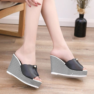 Summer Shoes Sandals Women Stripe Pearl Platform