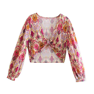 Print Skirt Shorts Woman Floral Top Long Sleeve Knot Crop Top Suits