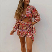 Load image into Gallery viewer, Print Skirt Shorts Woman Floral Top Long Sleeve Knot Crop Top Suits