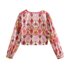 Load image into Gallery viewer, Print Skirt Shorts Woman Floral Top Long Sleeve Knot Crop Top Suits