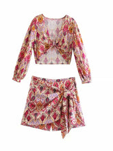 Load image into Gallery viewer, Print Skirt Shorts Woman Floral Top Long Sleeve Knot Crop Top Suits