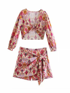 Print Skirt Shorts Woman Floral Top Long Sleeve Knot Crop Top Suits
