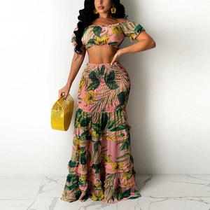 Floral Printed Dress Suits Off Shoulder Tube Top & Maxi Skirt Set