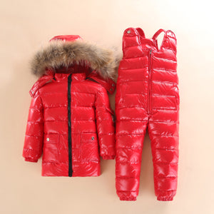 Winter Children Down Suit Long  Zipper Solid White Duck Down Boys Girls Down Jackets Thickening Jacket + Pants Two piece Clothes