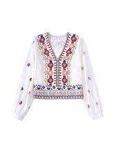 Load image into Gallery viewer, White V Neck Print Shirt Suit High Waisted Elastic A-Line Skirt Set