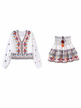 Load image into Gallery viewer, White V Neck Print Shirt Suit High Waisted Elastic A-Line Skirt Set