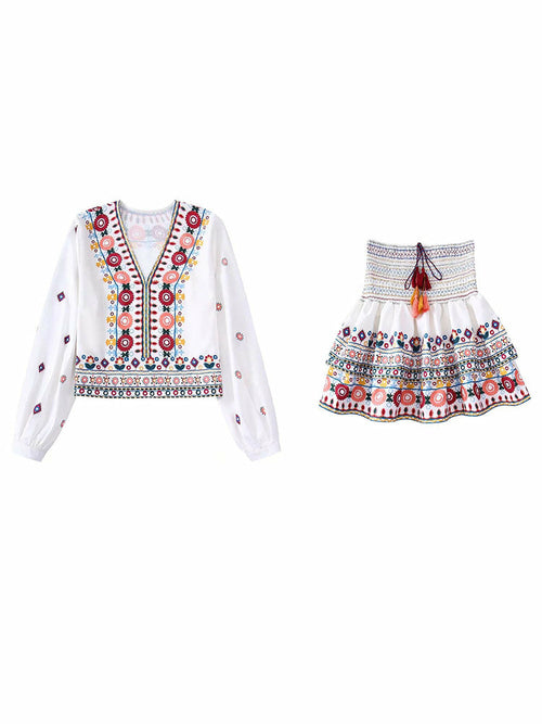White V Neck Print Shirt Suit High Waisted Elastic A-Line Skirt Set