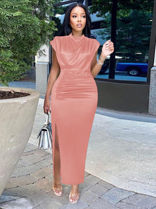 Women Dress Pleated Long Wine Red Elegant Slit High Collar Slim Fit Sleeveless Maxi Robes Female Shiny Gowns Party 2022 Spring