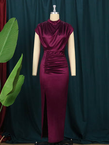 Women Dress Pleated Long Wine Red Elegant Slit High Collar Slim Fit Sleeveless Maxi Robes Female Shiny Gowns Party 2022 Spring