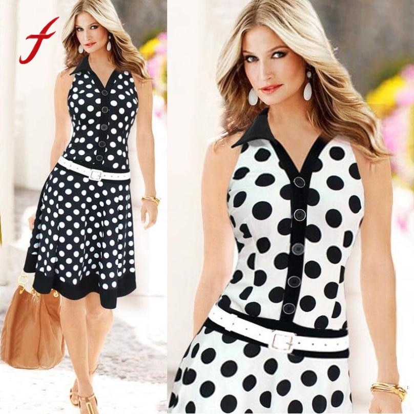 Women Polyester Dot Sleeveless Button Summer Regular Dress