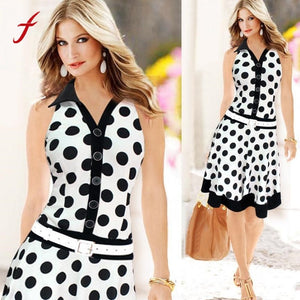 Women Polyester Dot Sleeveless Button Summer Regular Dress